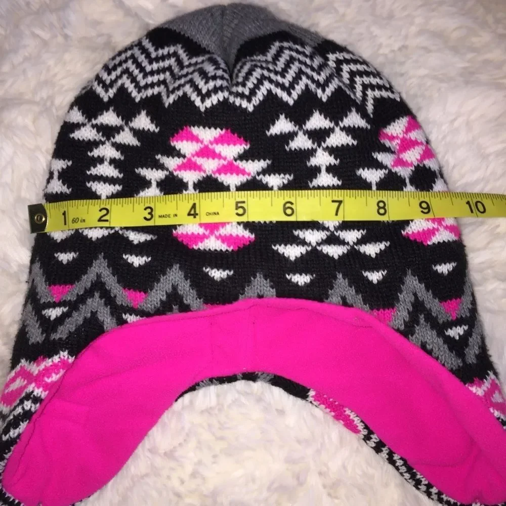 4/$20 Swiss Tech Knit Hat Ear Flaps Hot Pink Black One Size Fits Most
